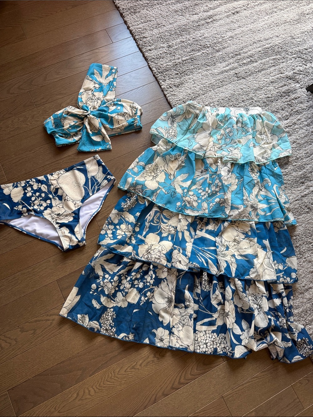 Blue Floral Bikini with matching Tiered Skirt cover up